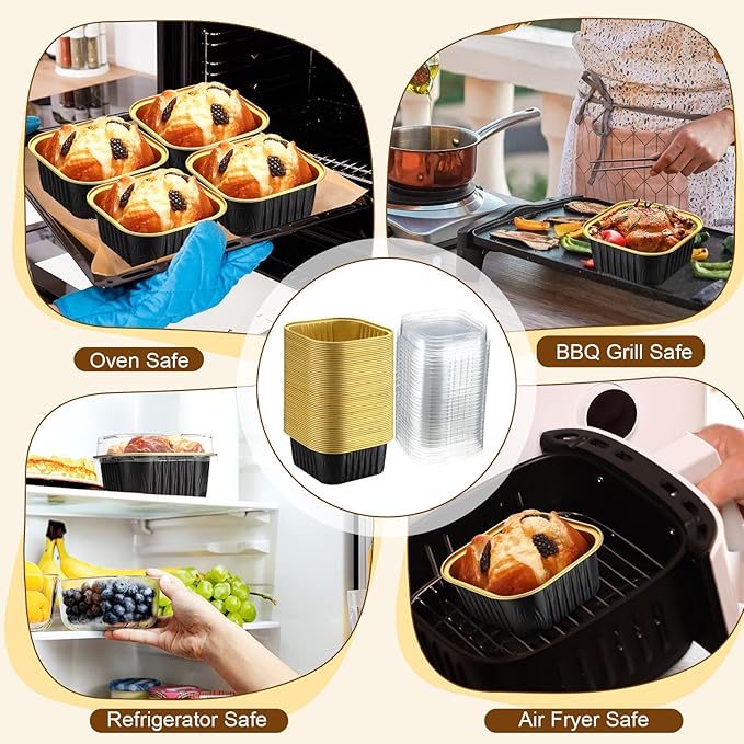 200 Pack 5 oz Square Baking Cups with Lids Aluminum Foil Mini Cake Pans with Lids Disposable