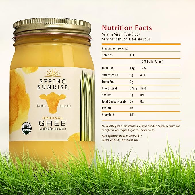 Spring Sunrise Grass Fed Organic Ghee - USDA Certified Clarified Butter - Keto & Paleo Friendly