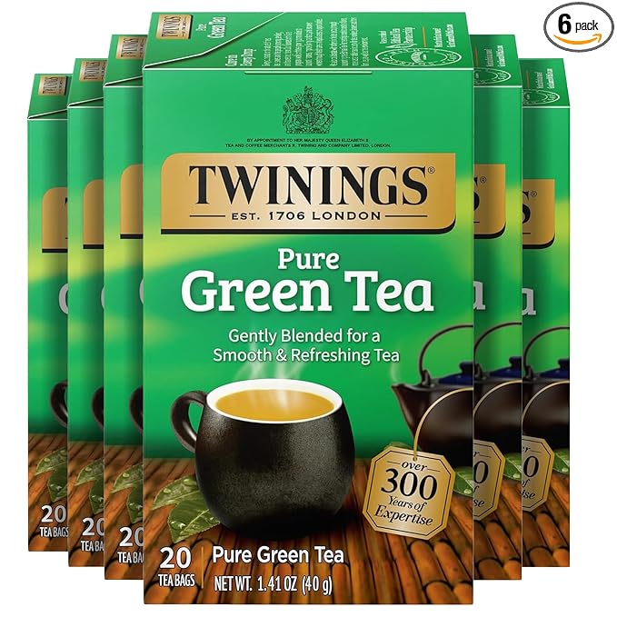 Twinings Pure Green Tea Individually Wrapped Bags, 20 Count (Pack of 6), Smooth Flavour, Enticing