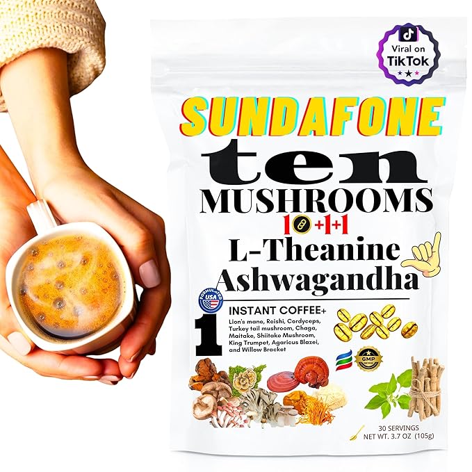 SUNDAFONE Mushroom Coffee with L-Theanine, Ashwagandha, Lion's Mane, Reishi for Focus, Immunity