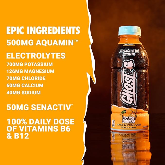GHOST Hydration Drink, Orange Squeeze - RTD Sports Drink with Electrolytes, Natural Vitamins &