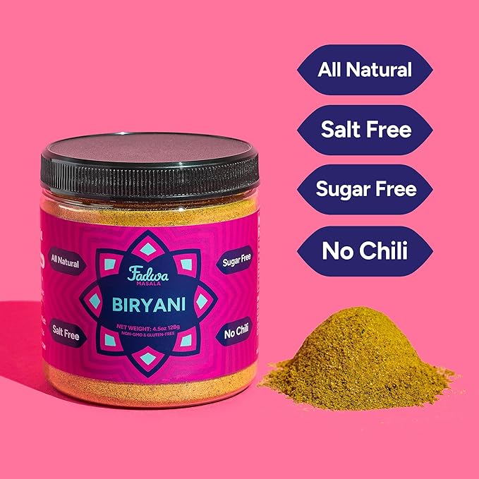 Fadwa Masala Biryani Spice Mix - 4.5 oz Jar, Salt & Sugar Free, Non-Spicy Authentic Desi Spices for