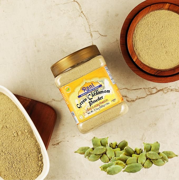 Rani Green Cardamom Pods Powder, Ground with Green Husks (Hari Elachi) 17.5oz (1.1lbs) 500g PET Jar