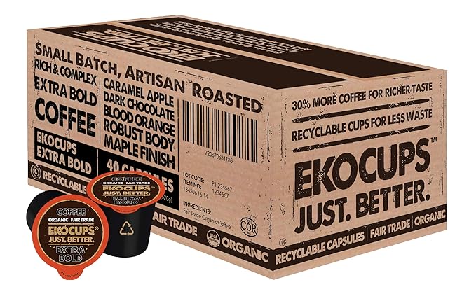 EKOCUPS Artisan Organic Bold Hot or Iced Coffee, Dark roast, in Recyclable Single Serve Cups for
