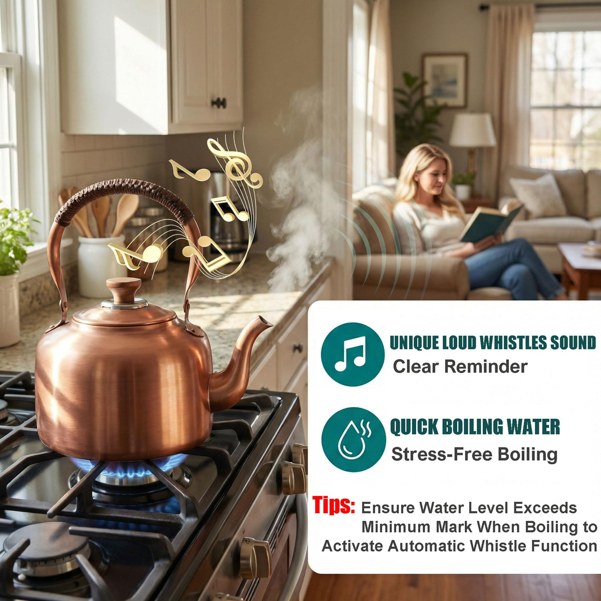 Tea Kettle Stovetop Whistling Copper Tea Pot for Stove 3.2QT Teapot Kettle