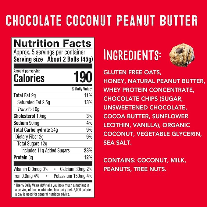 simplyFUEL Whole Food Protein Balls with Probiotics - Chocolate Coconut Peanut Butter Snacks - 8g