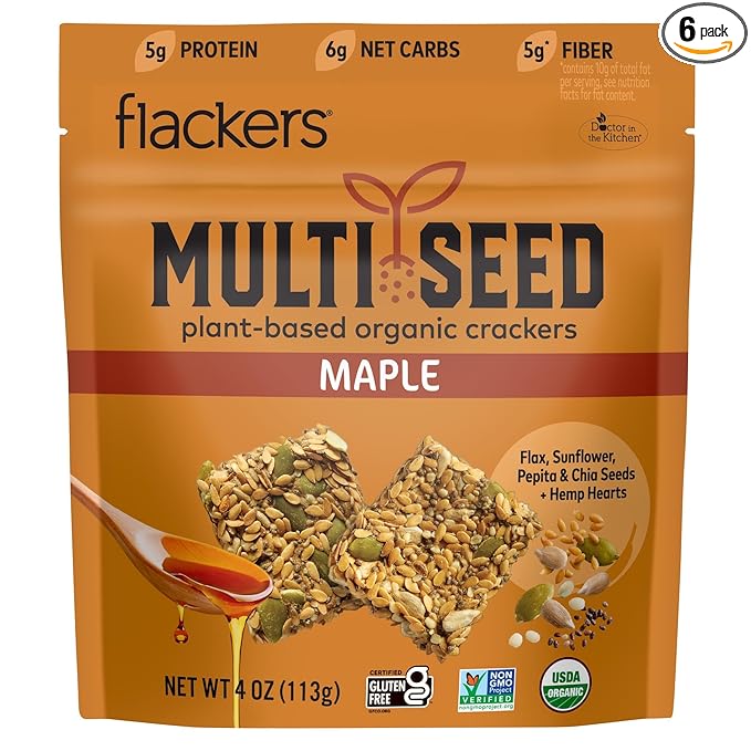 Flackers Organic Maple Multi-Seed Crackers, 4 Ounce 6-Pack, Gluten Free, Non GMO, Vegan, Keto
