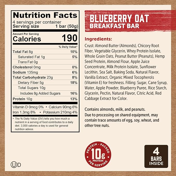 Kodiak Cakes Soft Baked Sandwich Breakfast Bar, Blueberry Oat, High Protein, 100% Whole Grains, 12