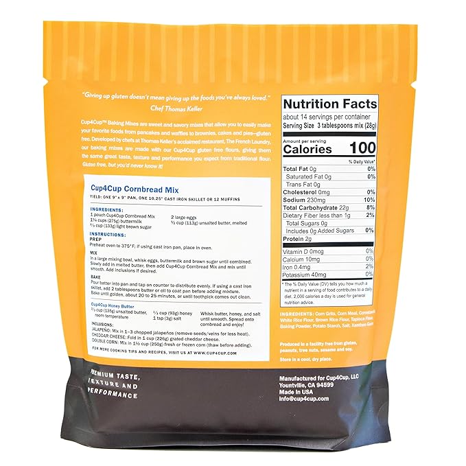 Cup4Cup Cornbread Mix, 0.88 Pounds, Certified Gluten Free, Dairy Free, Non-GMO, Kosher, Made in the