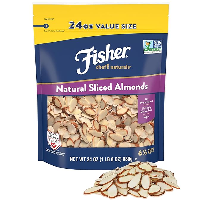 Fisher Chef's Naturals Unsalted Sliced Almonds 24oz Resealable Bag, Raw Nuts Perfect for Cooking
