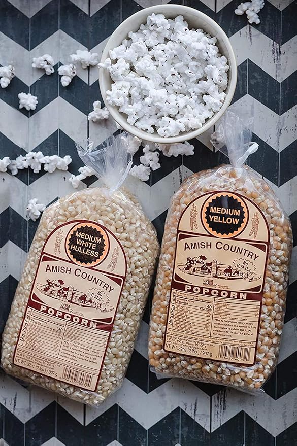Amish Country Popcorn | 2-2 lb Bags | 2 lb Medium White and 2 lb Medium Yellow Popcorn Kernels