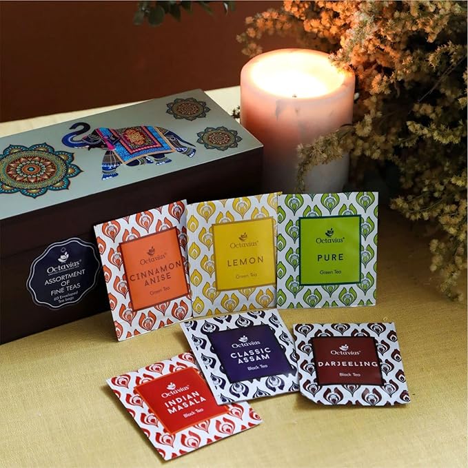 Octavius Gift's Select - Assorted Tea in Elephant Printed Wooden Box | 6 Flavors Black & Green, 60