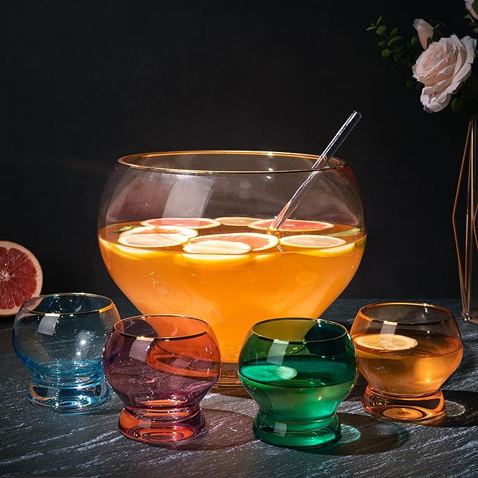 Colorful 1.7 Gallon Punch Bowl with 4 10oz Glasses Set with Ladle Gift For Mothers Day, Her, Wife