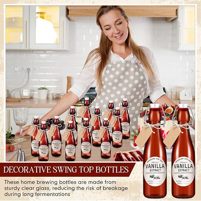 Vesici 12 Sets Swing Top Glass Bottles Set Amber Homemade Vanilla Extract Bottles with Stoppers