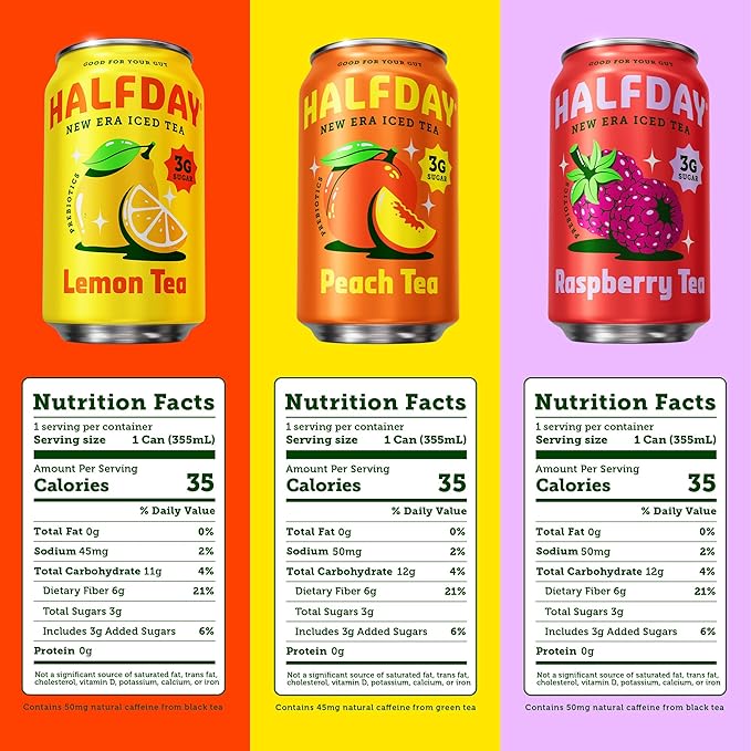HALFDAY Prebiotic Iced Tea Lemon, Peach & Raspberry Variety Pack, Supports Digestive & Gut Health