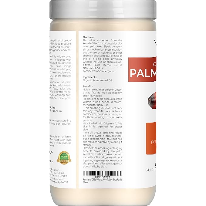 velona USDA Certified Organic Palm Kernel Oil - 64 Fl Oz | 100% Pure and Natural Carrier Oil |