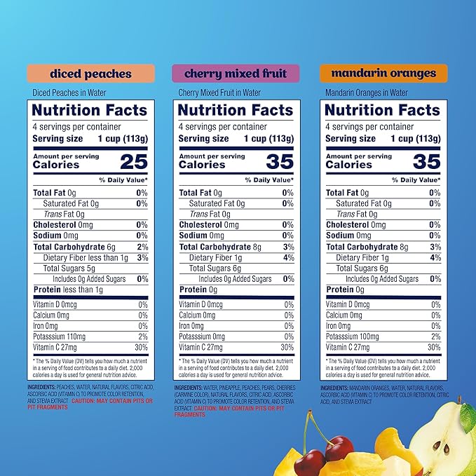 Dole Diced Peaches, Mandarin Oranges, and Cherry Mixed Fruit with No Sugar Added Variety Pack