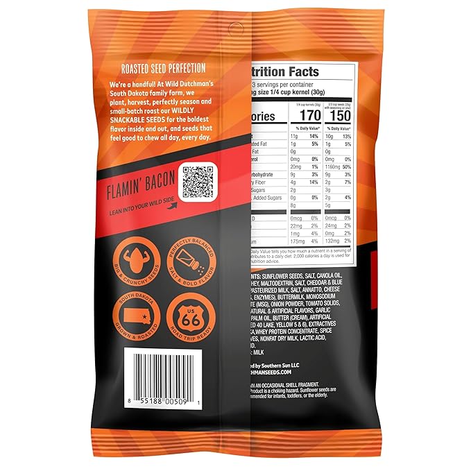 Wild Dutchman, Roasted Sunflower Seeds, Mouth Friendly Recipe for All Day Snacking, Flamin Bacon