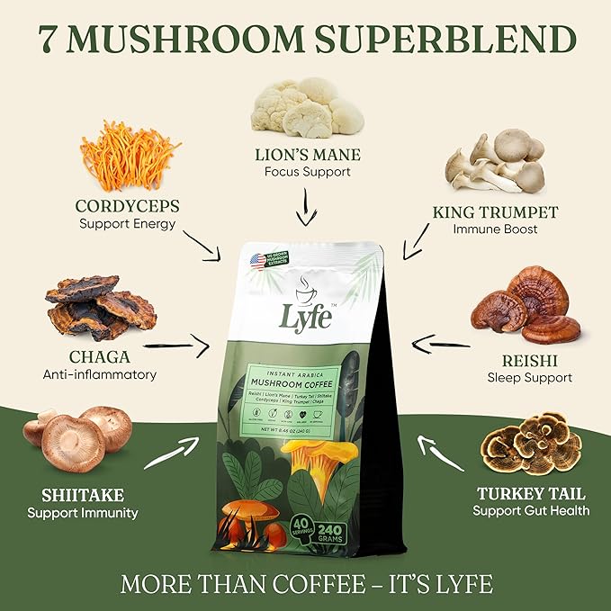 LYFE Organic Instant Mushroom Coffee ??Lion?™s Mane, Chaga, Cordyceps, Turkey Tail | USA Grown