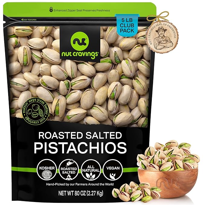 NUT CRAVINGS - Freshly Roasted & Salted California Pistachios (80oz - 5 LB) Packed Fresh in