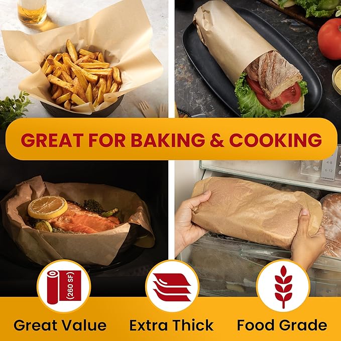 260 Sq.Ft Unbleached Parchment Paper for Baking ??Roll with Cutter, Heavy Duty Non-Stick Brown