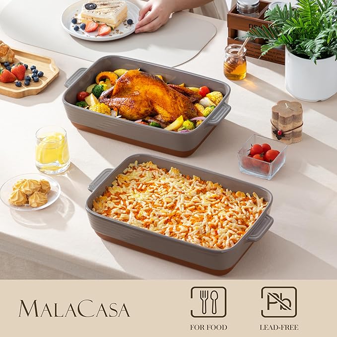 MALACASA 4.8 Qt Lasagne Dishes for Oven, 9 x 13 Inches Brown Ceramic Oven Dish with Handles, Deep