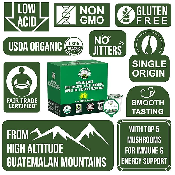 Organic Mushroom Coffee Pods with Lion's Mane, Reishi, Cordyceps, Turkey Tail, and Chaga Mushrooms.