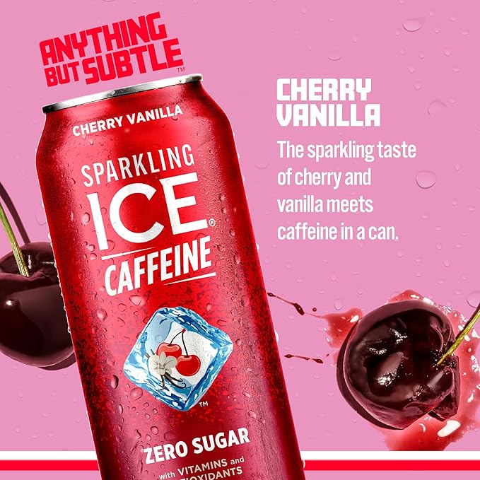 Sparkling Ice Caffeine Cherry Vanilla Sparkling Water with Caffeine, Zero Sugar, with Antioxidants