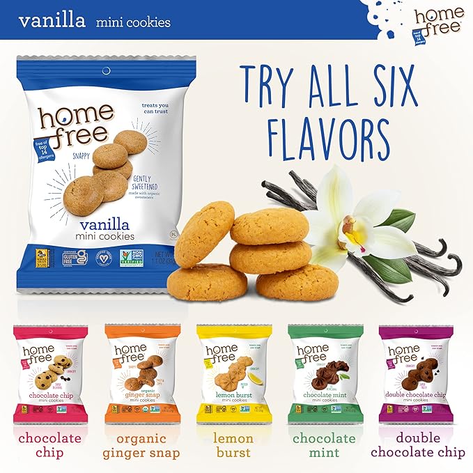 Homefree Treats You Can Trust Gluten Free Mini Cookies, Single Serve, Vanilla, 70% Organic, 1.1
