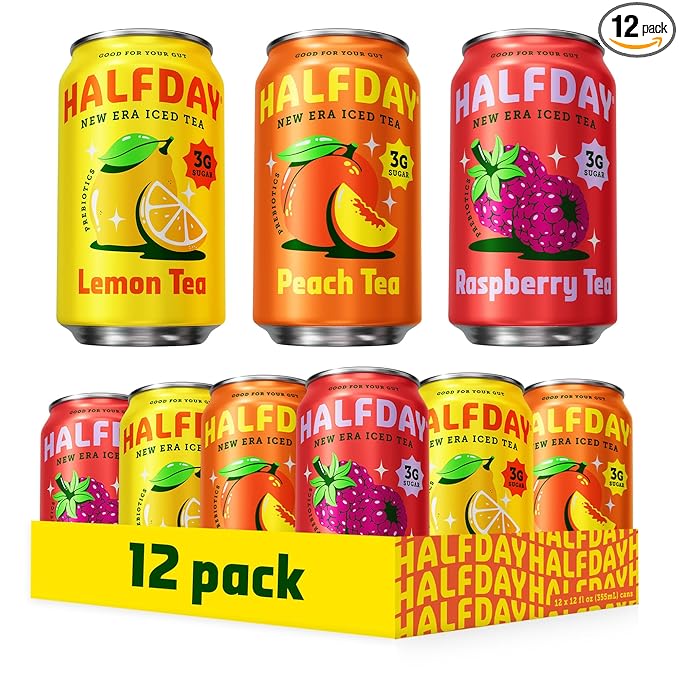 HALFDAY Prebiotic Iced Tea Lemon, Peach & Raspberry Variety Pack, Supports Digestive & Gut Health
