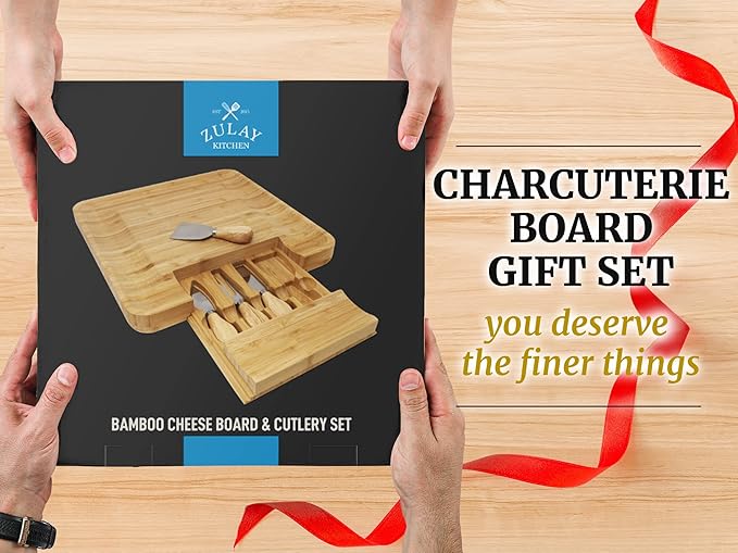 Zulay Kitchen Premium Bamboo Cheese Board Set - Extra Thick Bamboo Charcuterie Board Set with 4