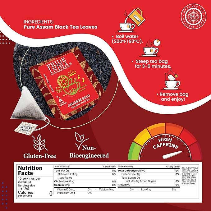 Pride of India | PACK of 6 - Assamese Gold English Breakfast Blend | 15 Premium Pyramid Full Leaf