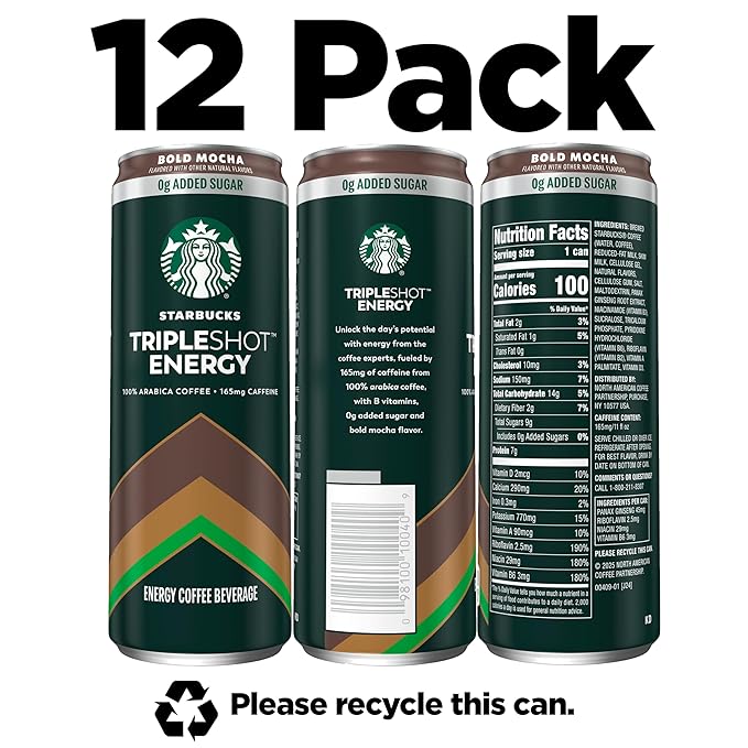 Starbucks Tripleshot Coffee Energy Drink, Bold Mocha, 11 fl oz Cans (12 Pack), Triple Blend, 165mg