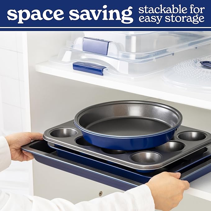 Country Kitchen Baking Pans Set - 10 Piece Non-Stick Cake Pans with Carry Lids for Easy Storage &