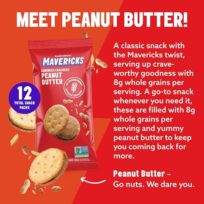 Mavericks Sandwich Crackers Peanut Butter - Plant-Based Peanut Butter Sandwich Snack Crackers