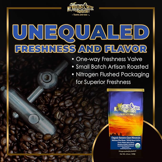 Mt. Whitney Organic Gayo Mountain Sumatra, Medium Dark Roast, Low Acid Coffee (Whole Bean, 12 Oz)
