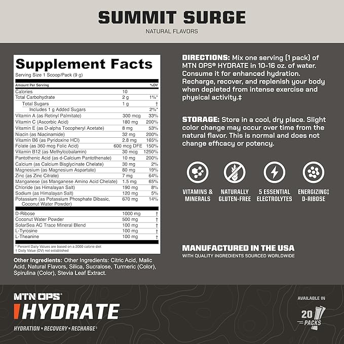 MTN OPS Hydrate Electrolytes Powder Drink Mix, 20 Single Serving On-The-Go Electrolyte Packs with