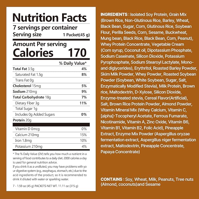 Brown 17Grains Protein Shake, 20g Protein, Low Sugar, Keto-Friendly Meal Replacement Shake, 1.59oz