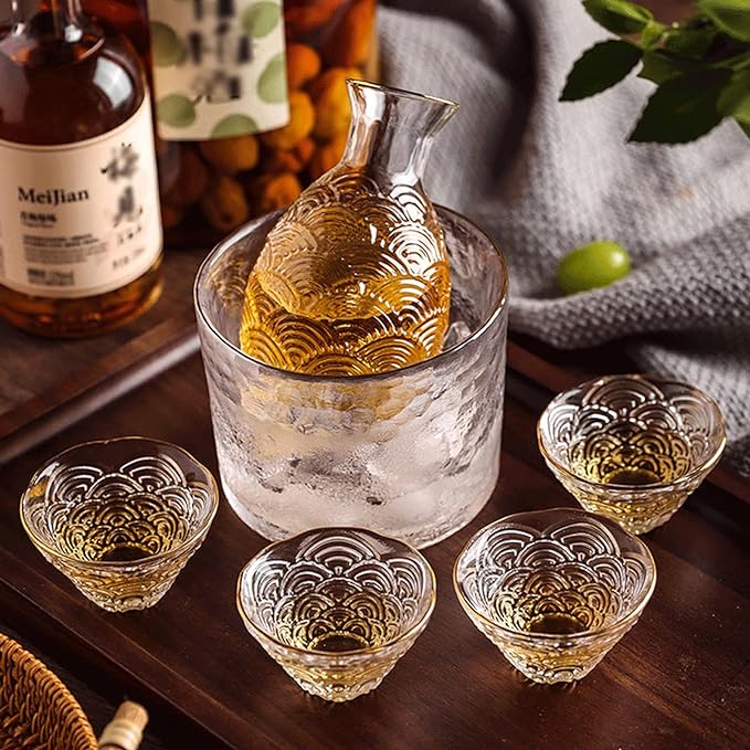 Glass Sake Set, Clear Glass Sake Bottle Set Including 1 Warming Mug, 1 Sake Pot, 4 Sake Cups, Sake