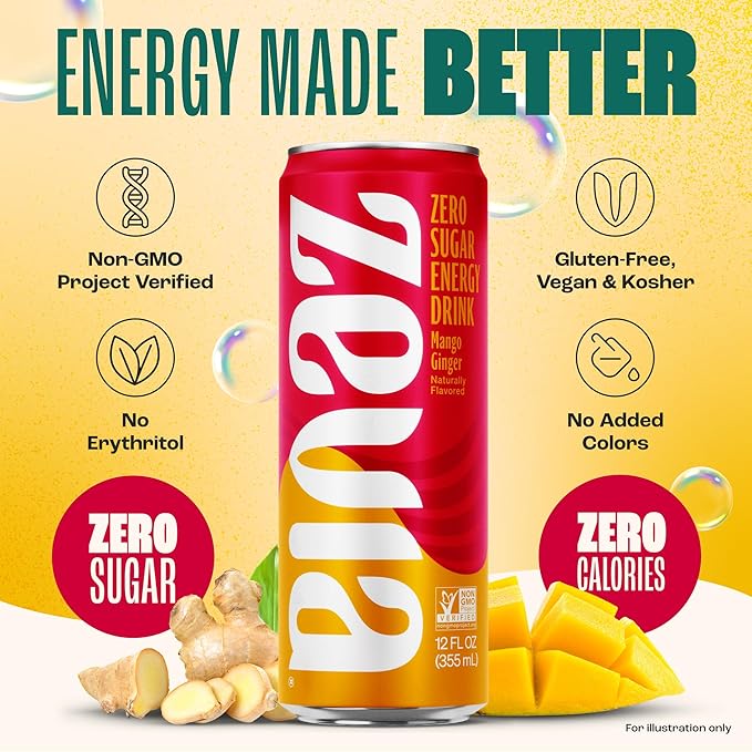 Zevia Zero Sugar Energy Drink, Mango Ginger, 12 oz Cans (12-Pack) – Naturally Sweetened, Zero