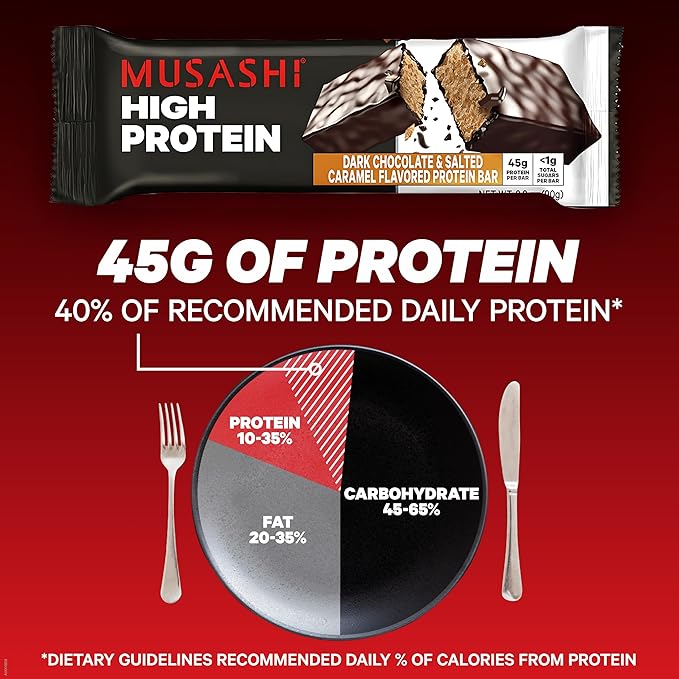 MUSASHI High Protein Bar, 45g Protein, <1g Total Sugars, Dark Chocolate & Salted Caramel, Post