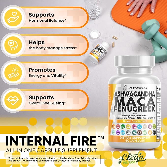 Clean Nutraceuticals Ashwagandha Maca Root Fenugreek Supplement with Tongkat Ali Ginseng - Assists