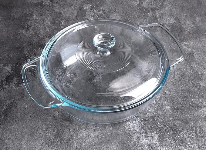 Clear Round Glass Casserole with Lid, Baking Dish with Glass Cover, Glass Casserole for Oven