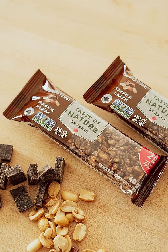 Taste of Nature - Organic 2g Sugar Chocolate Peanut - Low Sugar Snack and Breakfast Bar, High Fiber