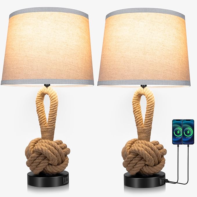 22" Rope Lamps for Night Stands, Bedside Lamps Set of 2, Boho Table Lamps for Living Room End