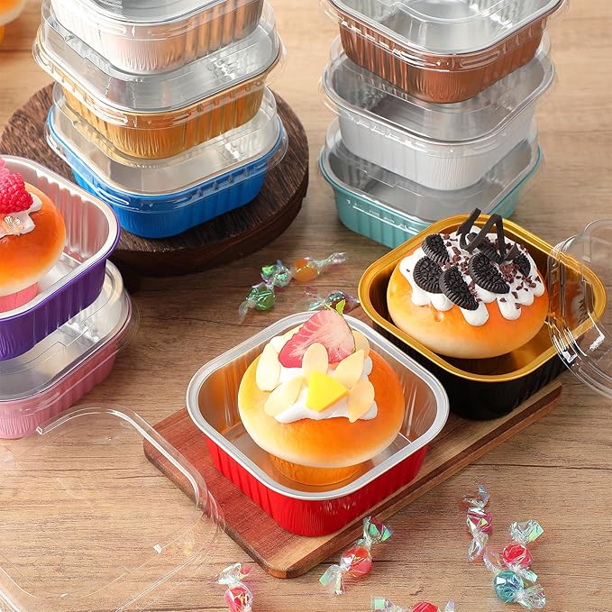 Aoriher 150 Pieces 10 oz Mini Cake Pans with Lids Aluminum Foil Baking Cups Square Disposable 4" x