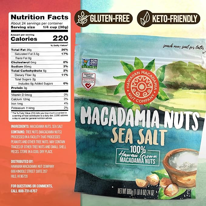 Hawaiian Macadamia Nut Company Dry Roasted Macadamia Nuts with Sea Salt 24 Oz, Source of Fiber