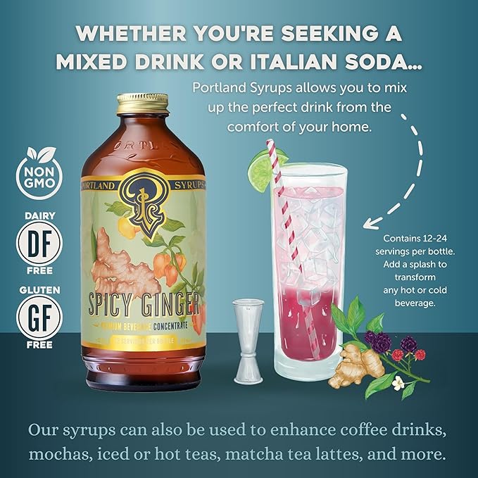 Portland Syrups Spicy Ginger Syrup - Extra Spicy Heat and Fresh Ginger Flavor - Premium Beverage