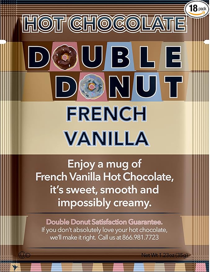 Double Donut French Vanilla Hot Chocolate Mix Packets, Flavored French Vanilla Hot Cocoa Mix, 18