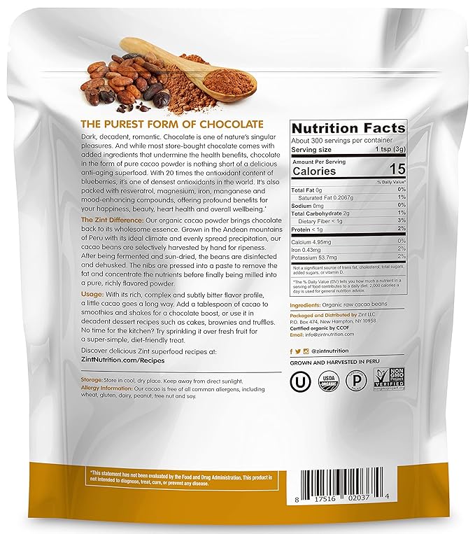 Zint Organic Cacao Powder (32 oz): Paleo-Certified, Organic, Non GMO, Anti Aging Antioxidant
